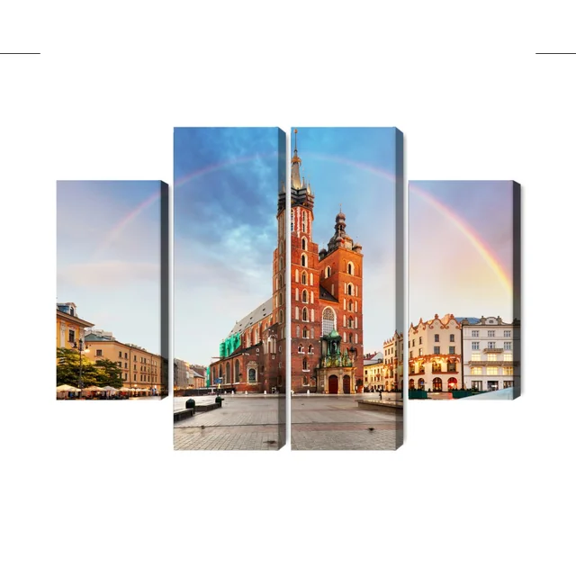 Meerdelig schilderij van de Mariakerk in Krakau op een regenboogachtergrond