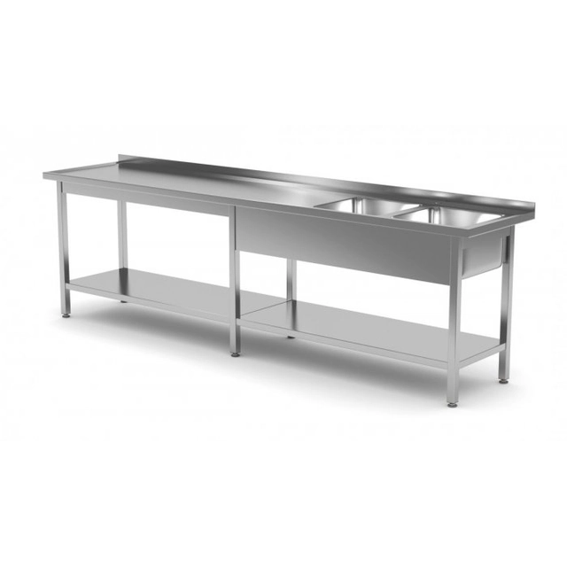 Mesa com duas pias e prateleira reforçada - compartimentos do lado direito 2000 x 700 x 850 mm POLGAST 222207-6-P 222207-6-P