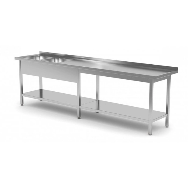 Mesa com duas pias e prateleira reforçada - compartimentos do lado esquerdo 2300 x 600 x 850 mm POLGAST 222236-6-L 222236-6-L