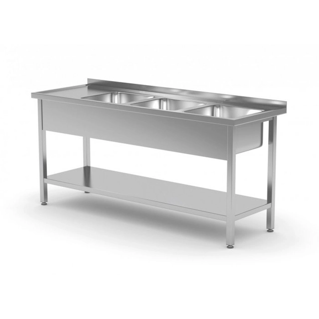 Mesa com três pias e prateleira - compartimentos do lado direito 1600 x 600 x 850 mm POLGAST 224166-P 224166-P