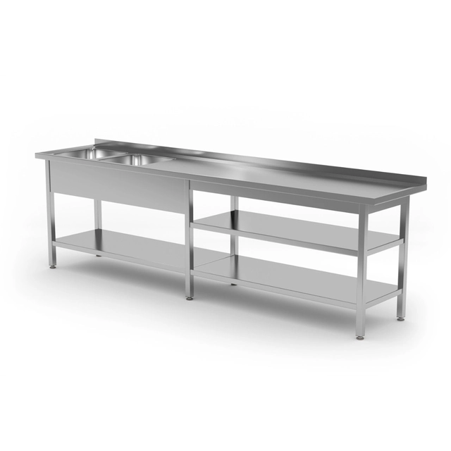 Mesa de acero inoxidable con fregaderos 2 + estantes 210x70x85 Polgast 222217-6-NIET