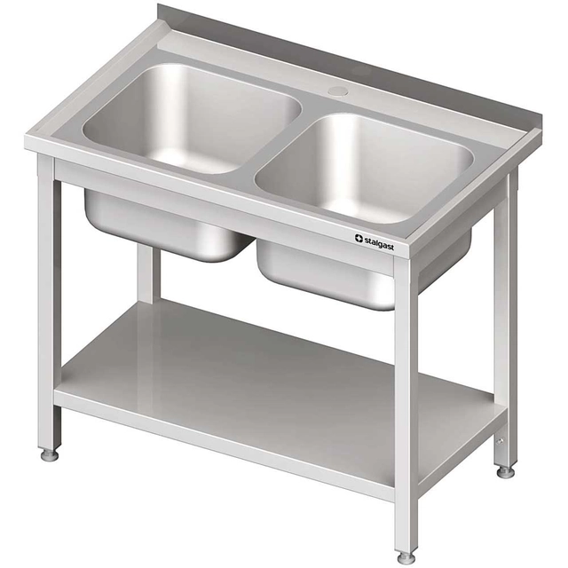 Mesa de aço inox com pia 2-Komorowy.Com Prateleira 1000x600, Stalgast Aparafusado