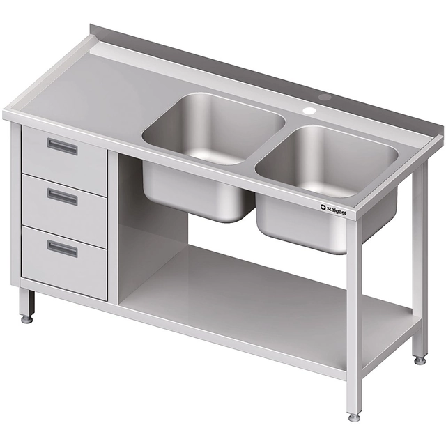 Mesa de aço inox com pia 2-kom.(P) 3 gavetas e prateleira 1700x600 | Stalgast