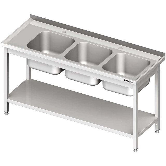 Mesa de aço inox com pia 3-Komorowy.(P) Com Prateleira 1500x700, Stalgast Aparafusado