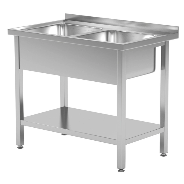 Mesa de catering em aço inox com prateleira + 2 Pias 100x60x85 Polgast 222106