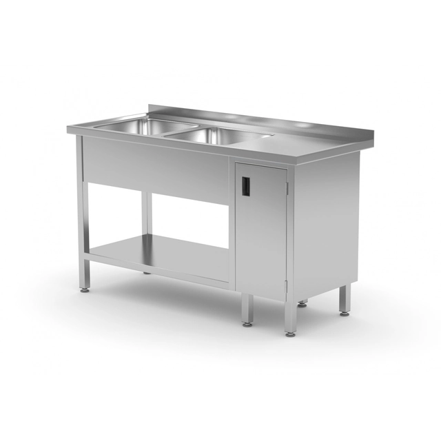 Mesa de catering em aço inox com prateleira + 2 Pias + armário 140x70x85 Polgast 226147