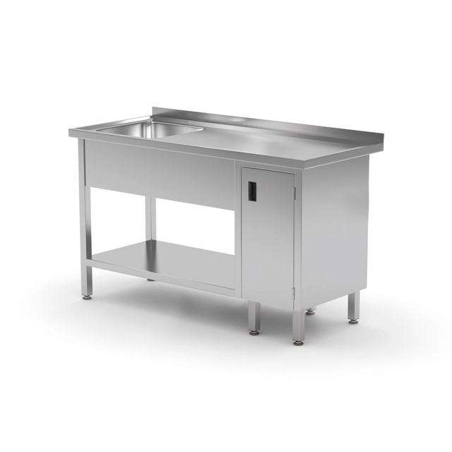 Mesa de catering em aço inox com prateleira + pia + armário 190x70x85 Polgast 216197