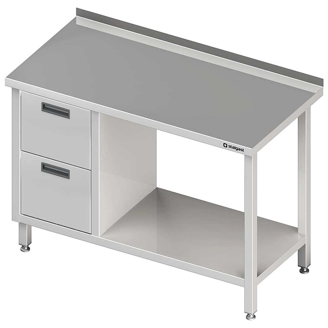 Mesa de parede em aço inox com bloco de duas gavetas (L) e prateleira 1100x600 Stalgast