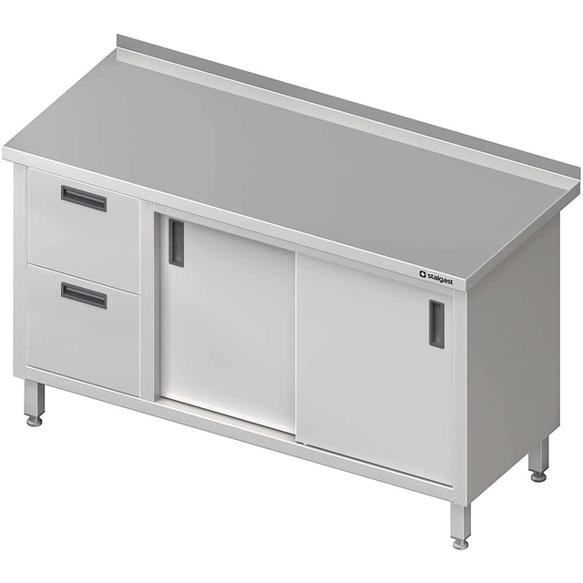 Mesa de parede em aço inox com bloco de duas gavetas (L) portas de correr 1900x600 Stalgast