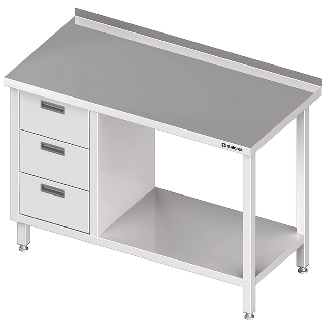 Mesa de parede em aço inox com bloco de três gavetas (L) e prateleira 1100x700 Stalgast