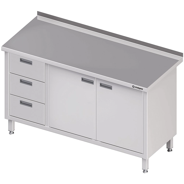 Mesa de parede em aço inox com bloco de três gavetas (L) portas de batente 1300x700 Stalgast