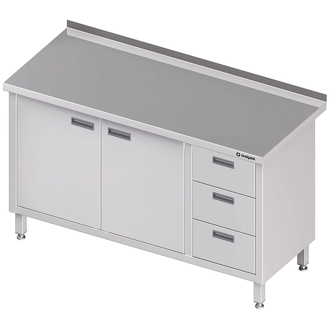 Mesa de parede em aço inox com bloco de três gavetas (P) portas de batente 1700x700 Stalgast