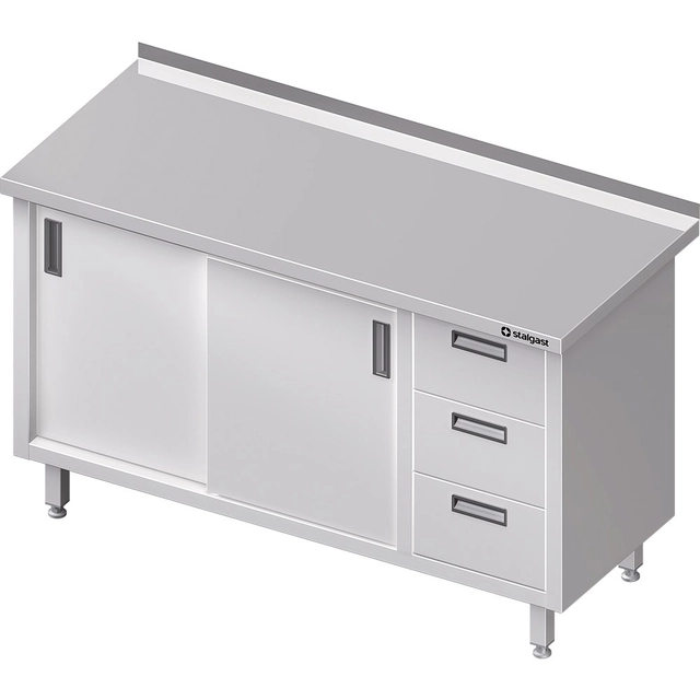 Mesa de parede em aço inox com bloco de três gavetas (P) portas de correr 1300x700 Stalgast