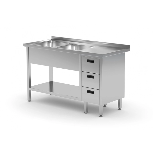 Mesa de restauração em aço inox com lavatórios 2 + gavetas 3 + prateleira 140x70x85 Polgast 225147-3