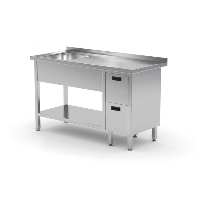 Mesa de restauração em aço inox com prateleira + lavatório + 2 Gavetas 100x60x85 Polgast 215106