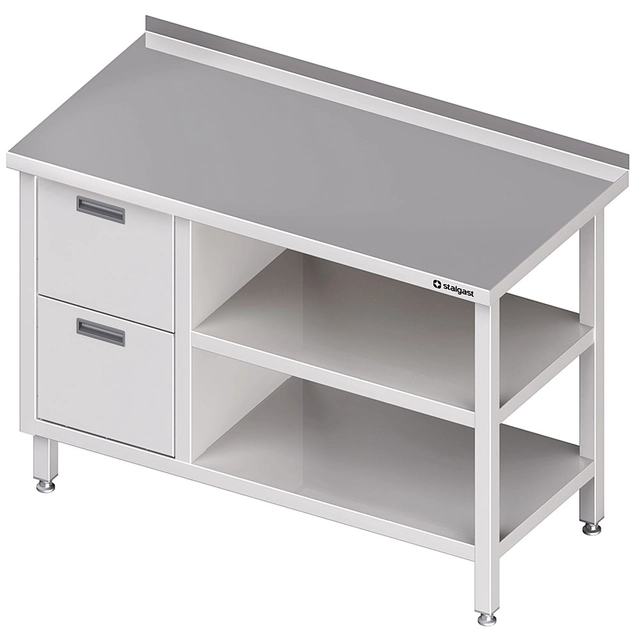 Mesa em aço inox com bloco de 2 gavetas (L) e 2 prateleiras 80x60 Stalgast