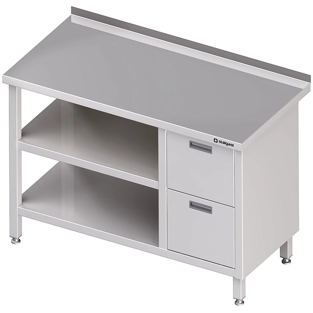 Mesa em aço inox com bloco de 2 gavetas (P) e 2 prateleiras 140x60 Stalgast