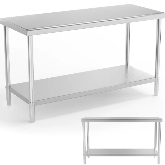 Mesa, encimera central de acero con estante 150 x 60 cm a 230 kg