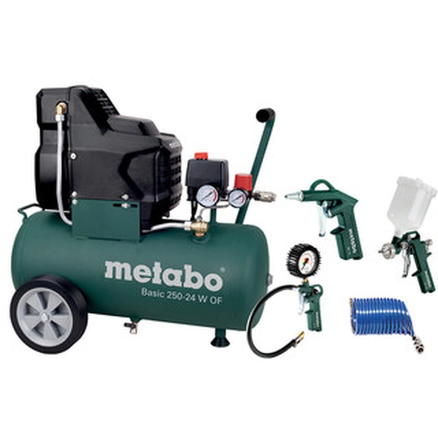 Metabo BASIC 250-24 W OF SET electric piston compressor Intake air: 110 l/min | 24 l | 8 bar | Oil Free | 230 V