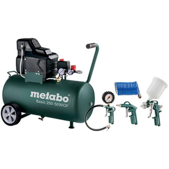 Metabo BASIC 250-50 W OF SET electric piston compressor Intake air: 110 l/min | 50 l | 8 bar | Oil Free | 230 V