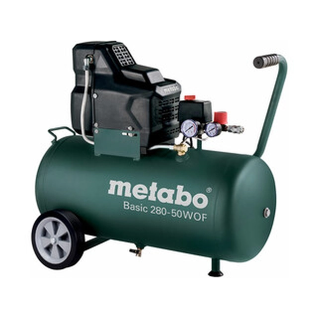 Metabo Basic 280-50 W elektrycznej sprężarki tłokowej Powietrze dolotowe: 140 l/min | 50 l | 8 bar | Bezolejowy | 230 V