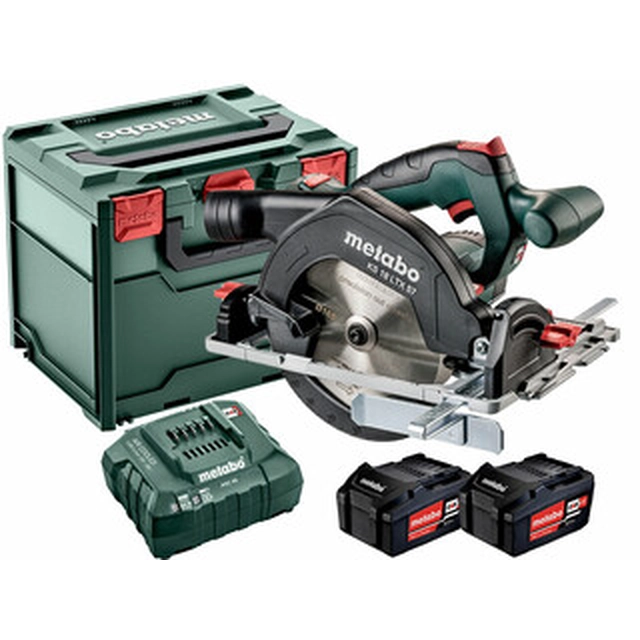 Metabo KS 18 LTX 57 akumulatora ripzāģis 18 V | Ripzāģa asmens 165 mm x 20 mm | Griešanas maks. 57 mm | Oglekļa suka | 2 x 5,2 Ah akumulators + lādētājs | metaBOX