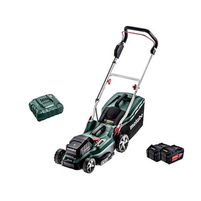 Metabo RM 36-18 LTX BL 36 akkus fűnyíró 2 x 18 V | 360 mm | 350 m² | Szénkefementes | 2 x 5,2 Ah akku + töltő