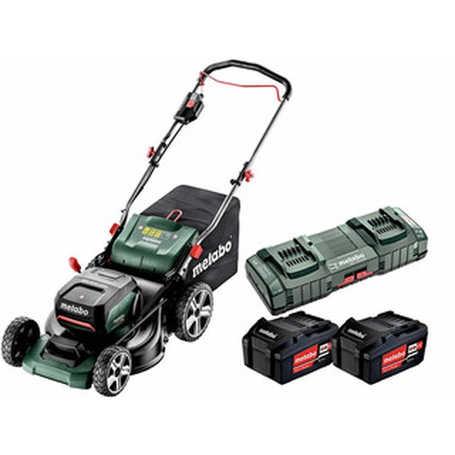 Metabo RM 36-18 LTX BL 46 akkus fűnyíró 2 x 18 V | 460 mm | 800 m² | Szénkefementes | 2 x 5,2 Ah akku + töltő