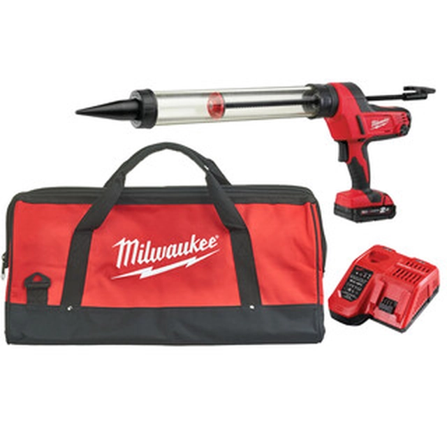 Milwaukee C18PCG/600T-201B sladdlös spackelpistol 18 V | 600 ml | 4500 | Kolborste | 1 x 2 Ah batteri + laddare | I en kartong