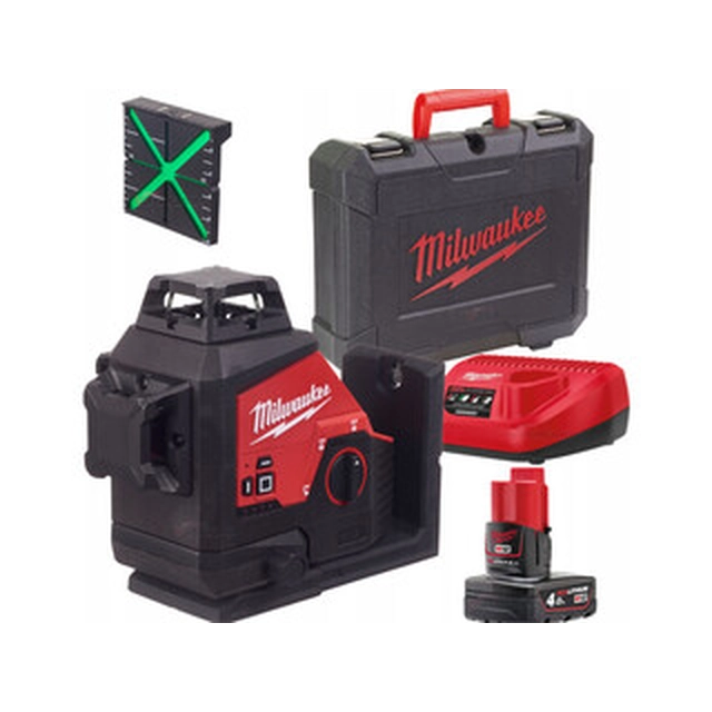 Milwaukee M12 3PL-401C Grøn linje laser Effektiv stråle med signalinterceptor: 0 - 100 m | 1 x 4 Ah batteri + oplader | I en kuffert