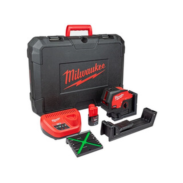 Milwaukee M12 CLLP-301C Grønt punkt- og linjelaser Effektiv stråle med signalinterceptor: 0 - 100 m | 1 x 3 Ah batteri + oplader | I en kuffert