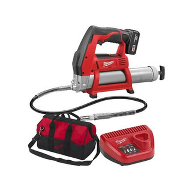 Milwaukee M12 GG-401B cordless grease gun 12 V | 400 ml | 562 bar | Carbon brush | 1 x 4 Ah battery + charger | In a cardboard box