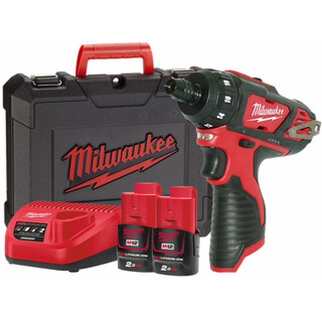 Milwaukee M12BD-202C cordless drill driver with bit holder 12 V | 30 Nm | Carbon brush | 2 x 2 Ah battery + charger | In a suitcase