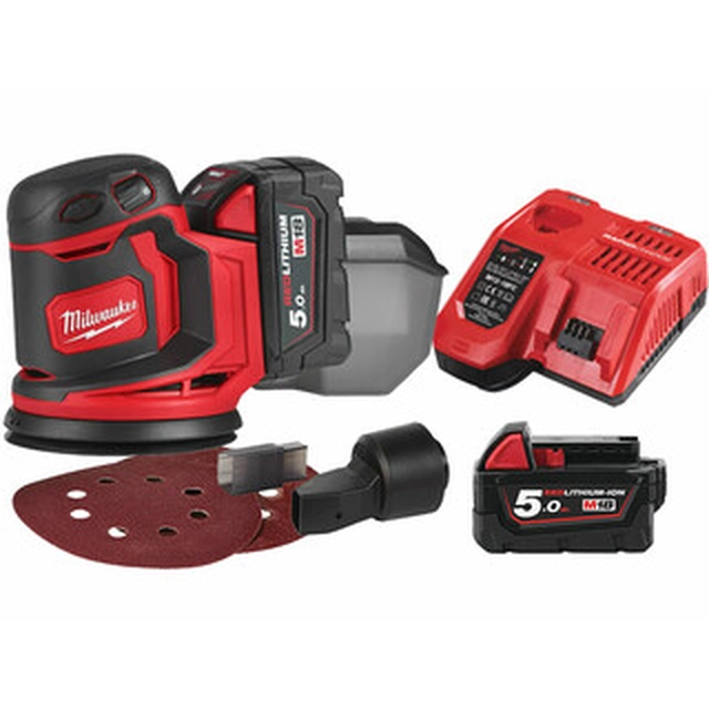 Milwaukee M18BOS125-502B accu-excentrische schuurmachine 18 V | Koolborstel | 2 x 5 Ah-accu + lader | In een kartonnen doos