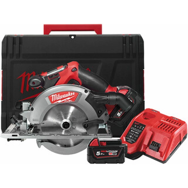 Milwaukee M18CCS55-502X akkupyörösaha 18 V | Pyörösahanterä 165 mm x 15,87 mm | Leikkaus max. 55 mm | Hiiliharjaton | 2 x 5 Ah akku + laturi | Heavy Duty -tapauksessa