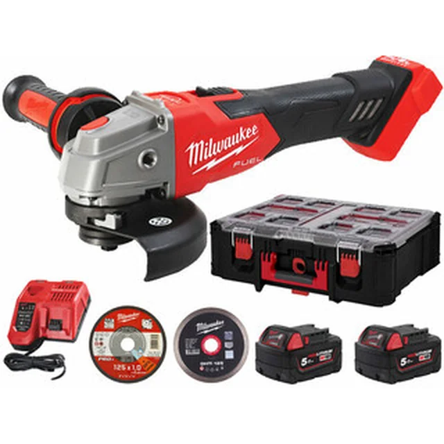 Milwaukee M18FSAG125XB100P-502P акумулаторен ъглошлайф 18 V | 125 mm | 8500 RPM | Карбон без четки | 2 x 5 Ah батерия + зарядно | В случай на тежък режим