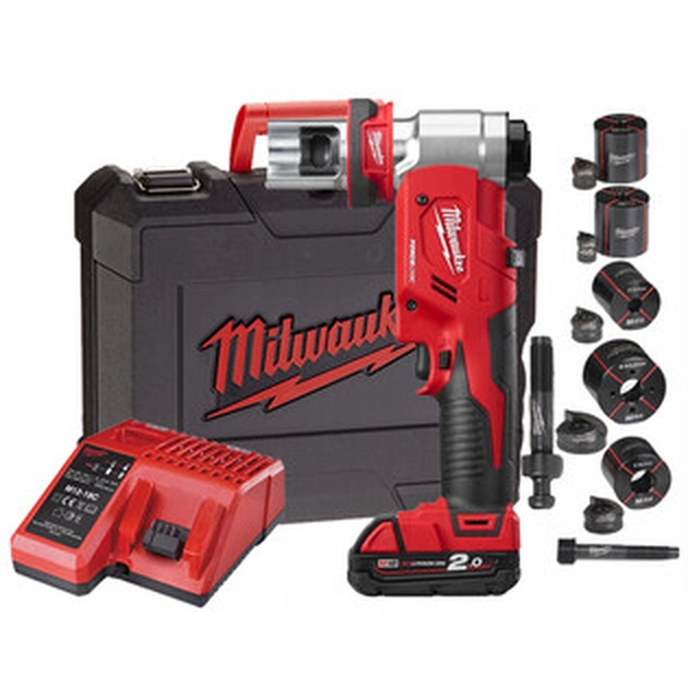 Milwaukee M18HKP-201CA Акумуляторний гідравлічний пуансон 18 V | 60 кН | Діаметр 100 мм | Вугільна щітка | 1 x 2 Ач акумулятор + зарядний пристрій | У валізі