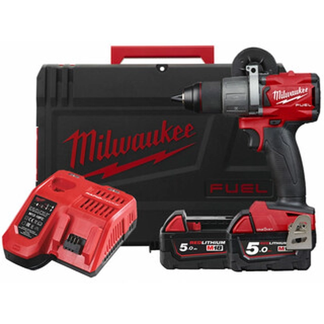 Milwaukee M18ONEDD2-502X accuboormachine met boorkop 18 V | 135 Nm | Koolborstelloos | 2 x 5 Ah-accu + lader | In Heavy Duty-koffer