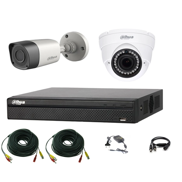 Mixed professional Dahua HDCVI video surveillance system, 2 cameras 2MP IR Smart 20m with DVR DAHUA 4 channels, accessories, live internet