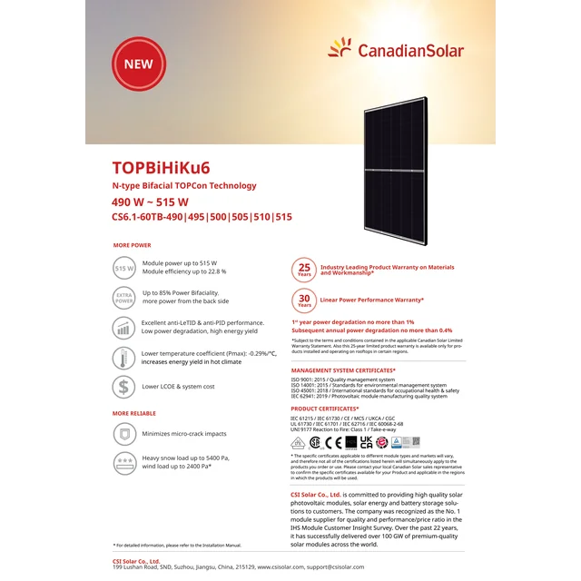 Modul Canadian Solar fotovoltaičnega panela 500W Bifacial TOPBiHiKu6 500Wp CS6.1-60TB-500 Black Bifacial Halfcut Frame 500 W Wp TOPCon N-Type