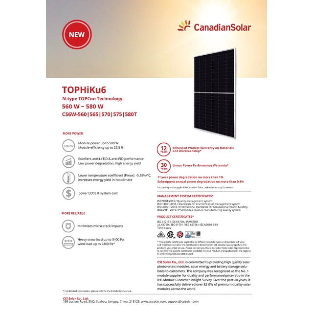 Moduł fotowoltaiczny panel PV 570Wp Canadian Solar CS6W-570T  TopHiKu6 N-Type SF Srebrna rama