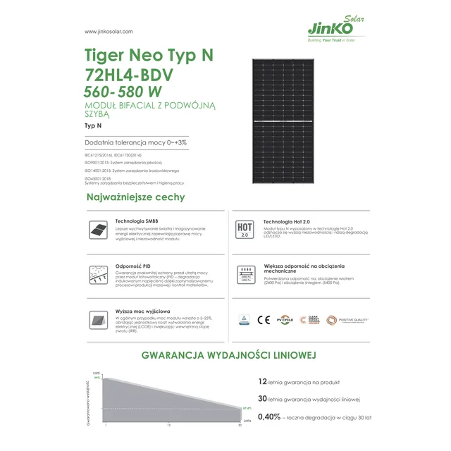 Module de panneau photovoltaïque JINKO TIGER NEO 580W bifacial 580Wp JKM580N-72HL4-BDV cadre mono demi-coupe argenté 580 W Wp type N