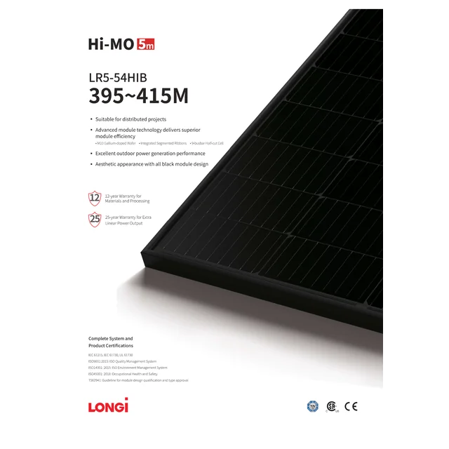 Module panneau photovoltaïque LONGI 415W LR5-54HIB-415M 415Wp full black Mono Halfcut 415 W Wp