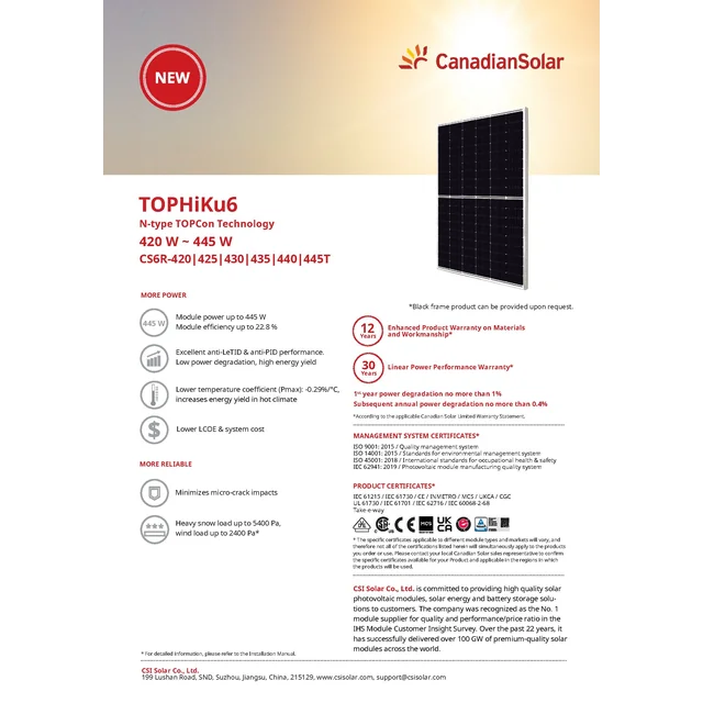 Module photovoltaïque Panneau PV 440Wp Canadian Solar CS6R-440T TOPHiKu6 Type N TOPCon (25/30 ans de garantie sur le toit) BF Cadre Noir