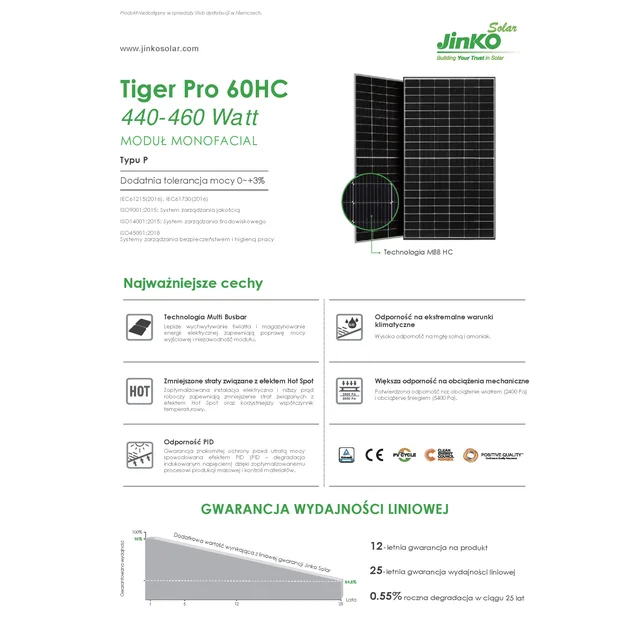 Module photovoltaïque Panneau PV 450Wp Jinko JKM450N-54HL4R-V N-TYPE Tiger Neo Cadre Noir Cadre Noir