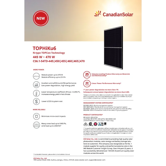 Module photovoltaïque Panneau PV 465Wp Canadian Solar CS6.1-54TD-465 TOPHiKu6 Type N TOPCon Cadre noir Cadre noir