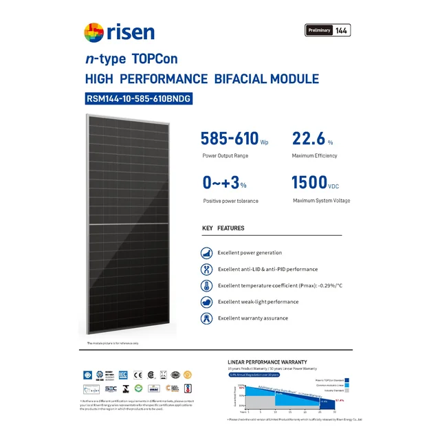 Module photovoltaïque Panneau PV 600Wp Risen RSM144-10-600 BNDG NType TOPCon Cadre Argent Cadre Argent