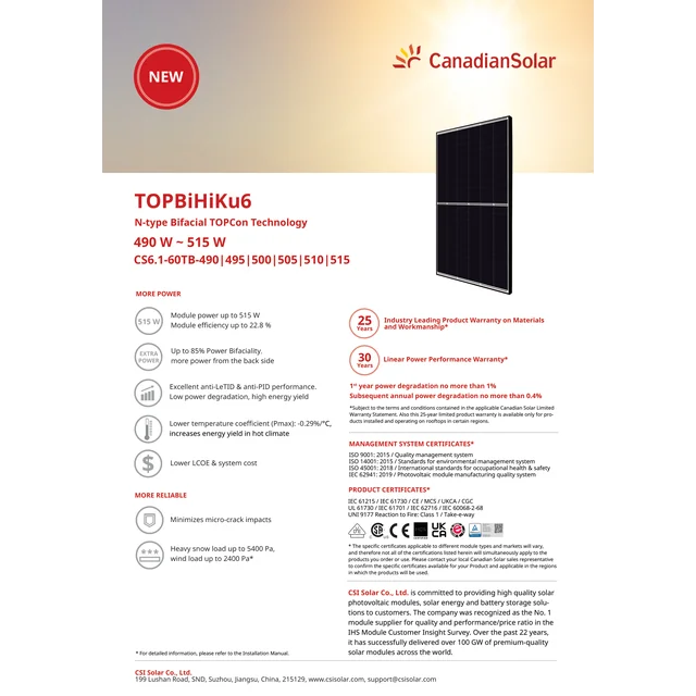 Módulo de panel fotovoltaico Canadian Solar 500W Bifacial TOPBiHiKu6 500Wp CS6.1-60TB-500 Marco de medio corte bifacial negro 500 W Wp TOPCon tipo N