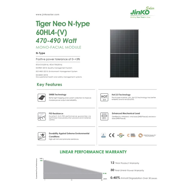 Módulo de panel solar Jinko 480W Tipo N (JKM480N-60HL4-V)