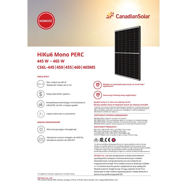 Módulo fotovoltaico Painel fotovoltaico 460Wp Canadian Solar CS6L-460MS Hiku6 Moldura preta
